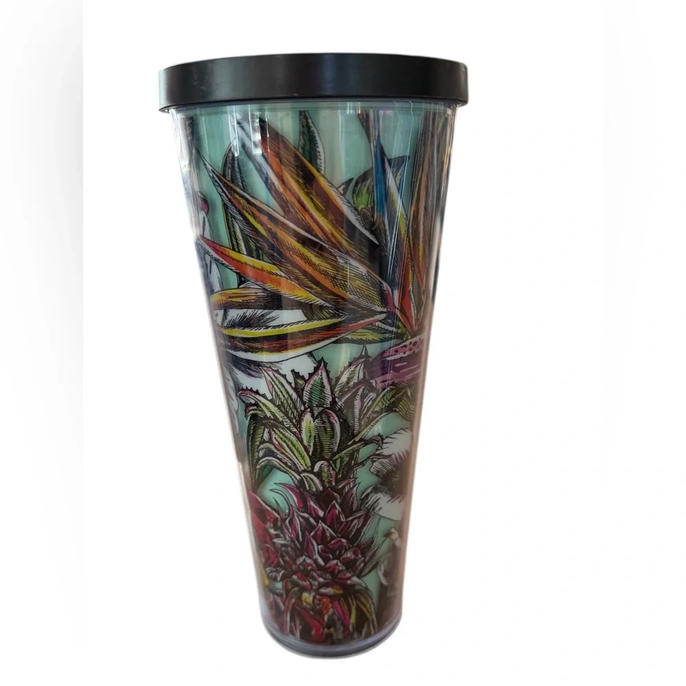 STARBUCKS Tropical Floral HAWAII TEAL TUMBLER 24oz Flowers Bird Paradise